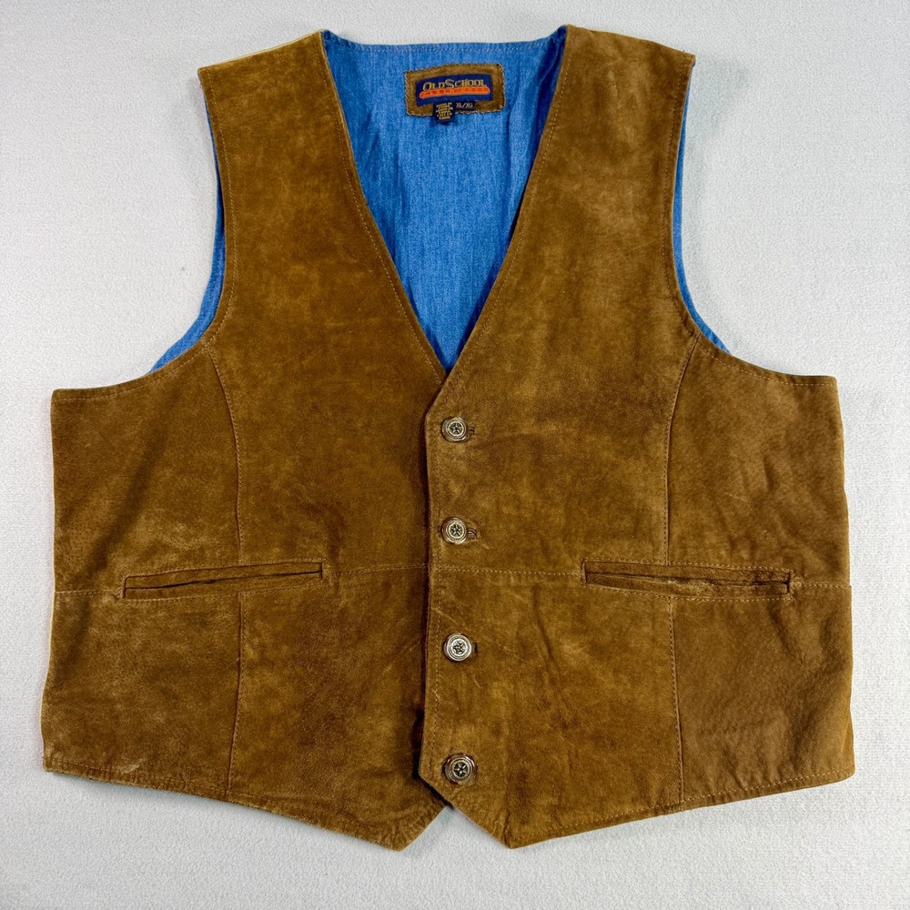 Old School Mens Brown Suede Leather Western Vest XL Cowboy Rugged Classic Rustic